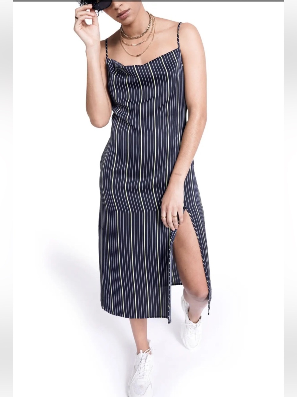 BP. + Wildfang satin slipdress in navy pinstripe (Nordstrom)